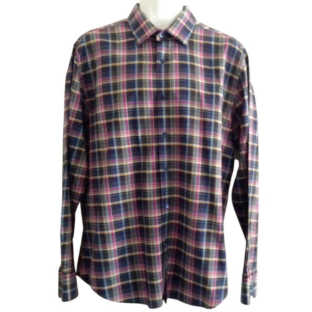Bugatchi Uomo Shirt Men's Extra Large Plaid Blue Pink Yellow Green Date Night